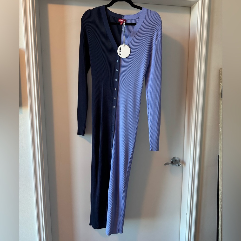 STAUD Shoko Navy/Periwinkle Sweater Long Cardigan Dress XL NWT